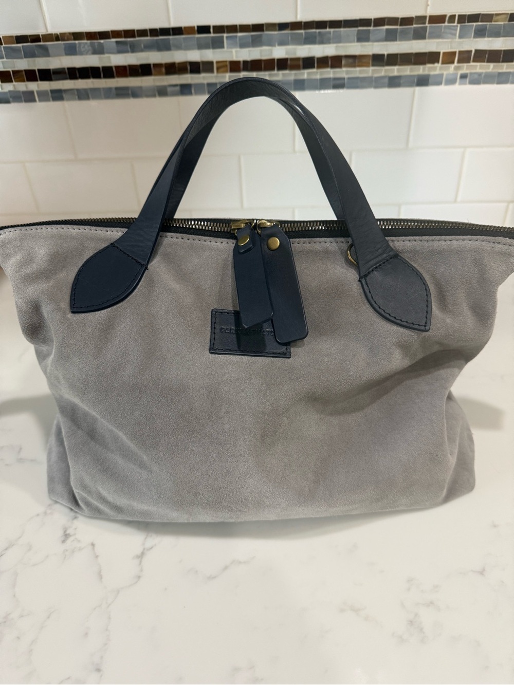Parker Thatch medium Charlie Grey Suede Crossbody Tote with Navy Trim - Picture 2 of 7